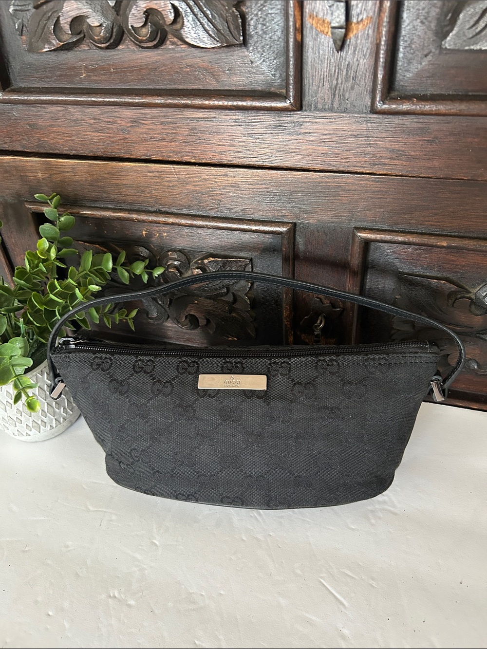 Beautiful Black Monogram Canvas Shoulder Bag with Logo Plaque